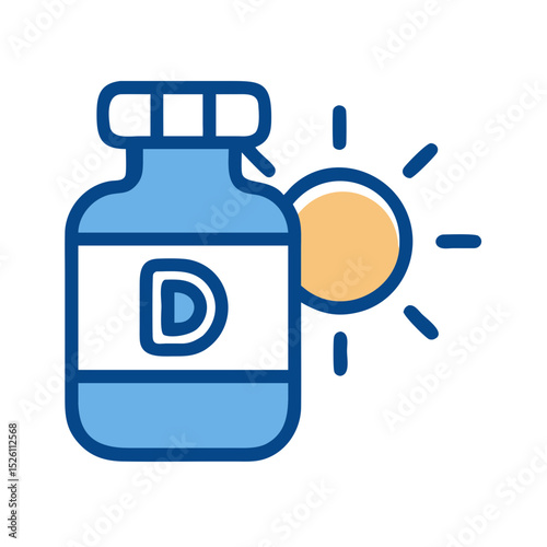 Colorful icon of a vitamin D bottle with a sun, symbolizing health and wellbeing 