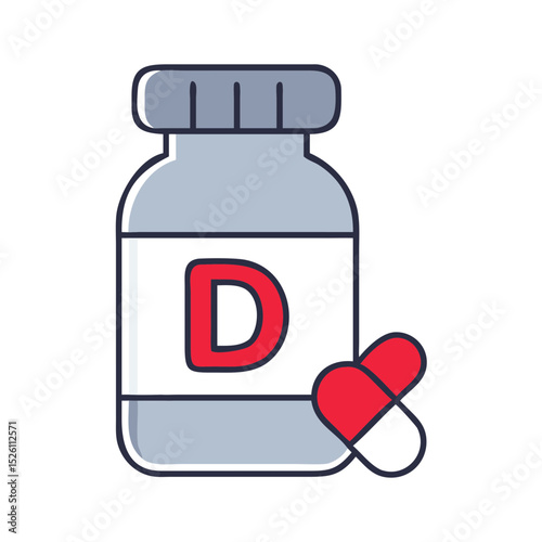 icon Illustration of a vitamin D bottle with capsules, promoting health and dietary supplementation 