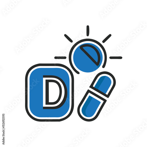 Colorful icon of Vitamin D capsules and a sun, emphasizing health and dietary supplementation