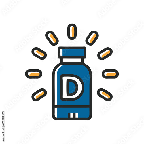 Stylized icon of a vitamin D bottle radiating energy, symbolizing health and wellness