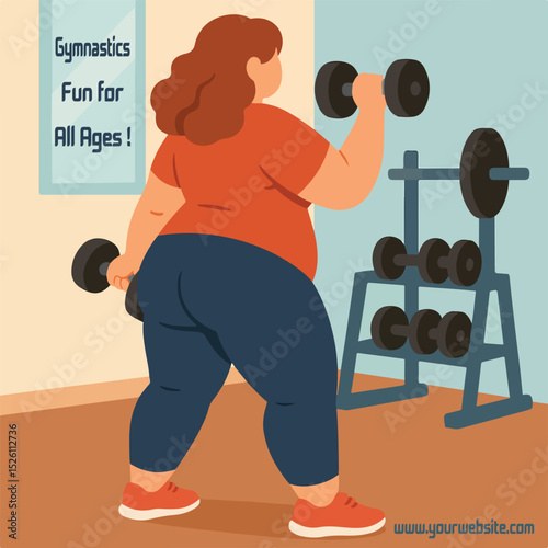 Plus size athletes and older people exercising in cartoon or stylized illustration