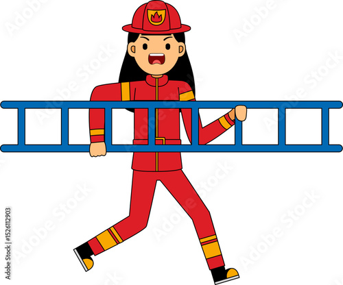 Cartoon Firefighter Carrying Ladder Illustration