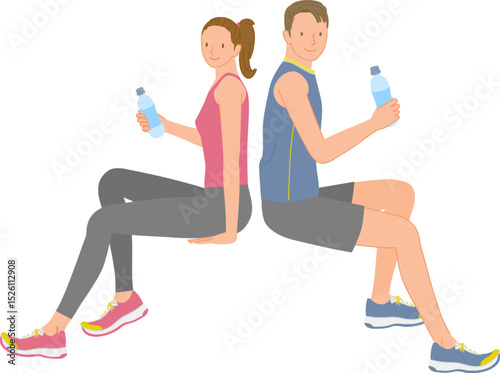 スポーツイメージ：水分補給する笑顔の若い男女セット01