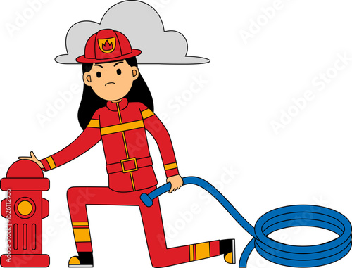 Cartoon Firefighter with Hydrant and Hose