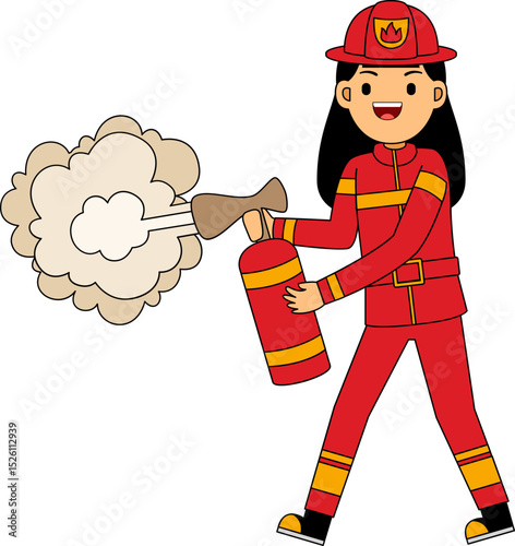Cartoon Firefighter Using Fire Extinguisher