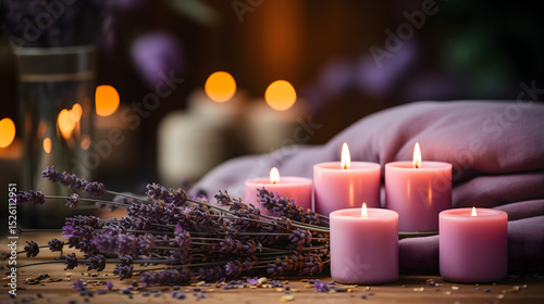 Wallpaper Mural Tranquil scene with lit pink candles, lavender, and soft fabric in a dimly lit room. Torontodigital.ca