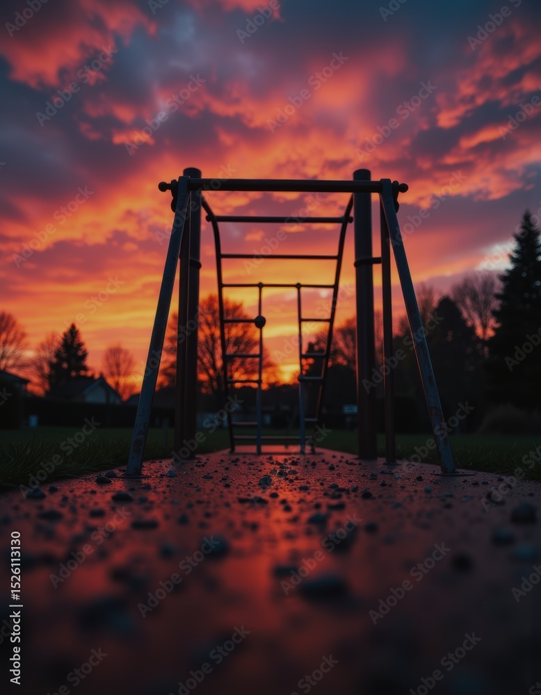 Fototapeta premium Empty children's playground under a vibrant evening sky at sunset