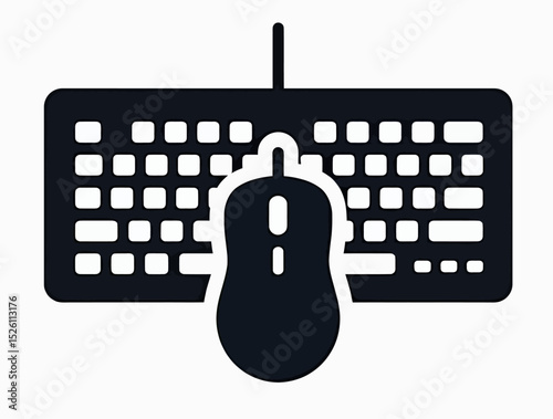 A simple black glyph icon of a computer keyboard and mouse, a minimalist vector symbol representing office work, gaming, or PC hardware for app and web design.
