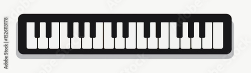 A simple and clean flat design vector icon of a piano keyboard, a minimalist black and white graphic for music education, apps, or concert-themed branding.
