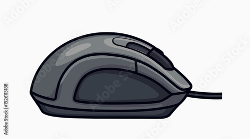 A detailed cartoon illustration of a grey ergonomic computer mouse, a modern wired peripheral for gaming, office work, or navigating digital interfaces.
