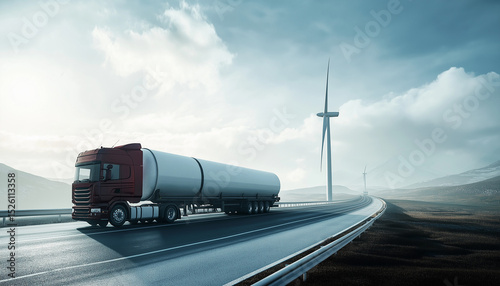AI generator images of Electric Road, Electric trucks used to transport goods on roads that are charged while driving on the road, using wind turbines to generate electricity, Electric vehicle 