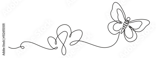continuous one line art of a butterfly with curved and twisted lines forming a heart. vector illustration with transparent background