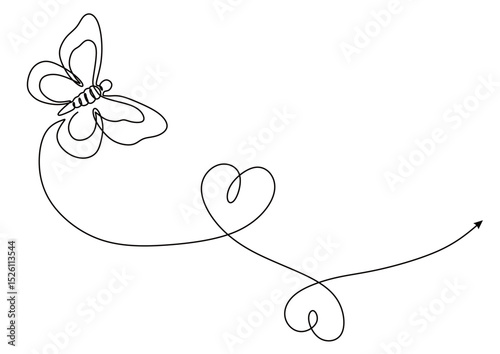 continuous one line art of a butterfly with curved and twisted lines forming a heart. vector illustration with transparent background
