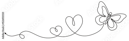 continuous one line art of a butterfly with curved and twisted lines forming a heart. vector illustration with transparent background