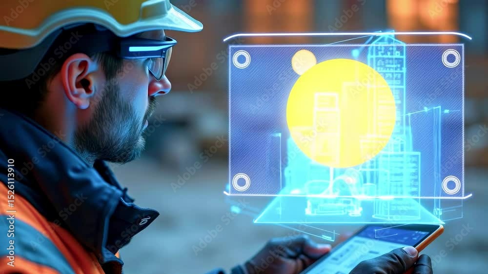 Construction worker using augmented reality technology to visualize ...