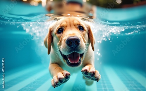 Underwater funny photo of golden labrador retriever puppy in swimming pool play with fun - jumping, diving deep down. Actions, training games with family pets and popular dog breeds on summer vacation