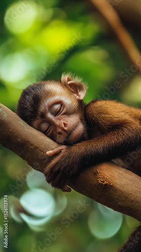 AI generator images of cute baby spectacled langur, Miller's grizzled langur, Hose's langur, Gray leaf monkey are sleeping on a branch, cute.