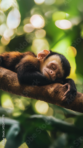 AI generator images of cute baby spectacled langur, Miller's grizzled langur, Hose's langur, Gray leaf monkey are sleeping on a branch, cute.
