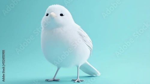 A captivating view of a charming, fluffy white bird standing gracefully against a soft blue backdrop.