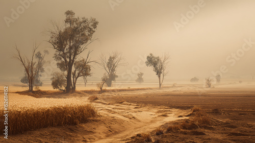 A cinematic depiction of a burnt rural landscape devastated by extreme drought.  Generative AI