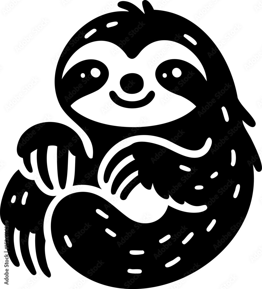 Obraz premium Smiling sloth hanging relaxed on a leafy branch. Minimalist vector drawing for nature and slow-living concepts.