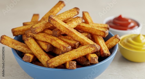 Wallpaper Mural Crispy Golden French Fries Served in Blue Bowl with Dipping Sauces of Ketchup and Mustard on Light Background for Delicious Snack Moments Torontodigital.ca