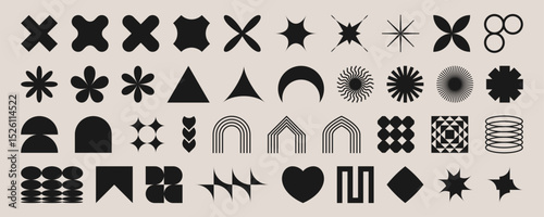 Brutalist shape set. Black geometric symbols - crosses and stars, flowersand circles, arches and hearts on beige background. Minimalist abstract design elements with spiral patterns for modern graphic