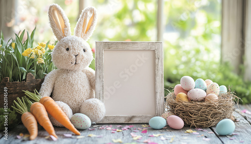 AI generator image of rabbit Ester eggs, celebrating Colorful Ester eggs ,White bowl with colored easter eggs, bouquet of yellow tulips and daffodils flowers 