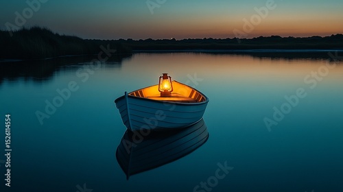 Tranquil evening scene: illuminated boat adrift on a serene lake at dusk