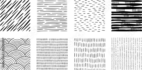 Black geometric ink drawing backgrounds with linear shapes. Sketched graphic elements for borders, surface designs. EPS 10 version