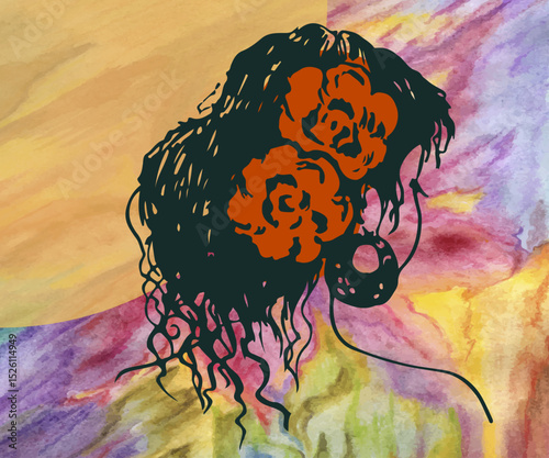 Silhouette of a girl's head with red flowers in her hair. Hand sketch. Abstract multicolored watercolor background and sun.