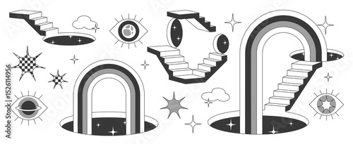 Surreal portal designs with stairs - mystical door arches, black holes, floating eyes, cosmic gateways. Abstract stairways with celestial shapes for dreamlike or psychedelic artwork concepts.