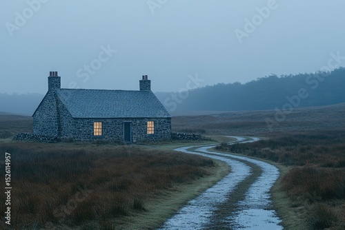 A rustic stone cottage illuminated by a soft glow. photo
