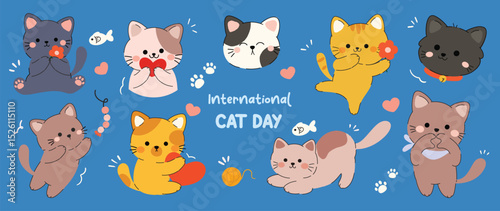 Cute cats and funny kitten doodle vector set. Happy international cat day characters design collection with flat color in different poses. Set of adorable pet animals isolated on blue background.
