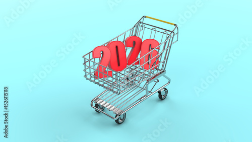 New Year 2026 Creative Design Concept with Shopping trolley - 3D Rendered Image