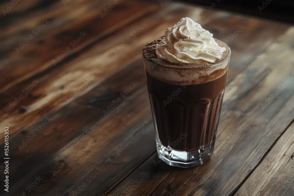 Rich hot chocolate crowned with whipped cream, resting on a rustic wooden table Rich hot chocolate crowned with whipped cream, resting on a rustic wooden table