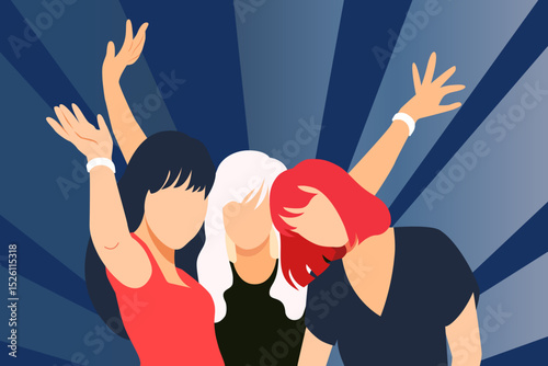 Young women, brunette, blonde and redhead. Party, bachelorette party, celebration. Female friendship concept. Group of joyful female characters, hands up. Flat vector illustration