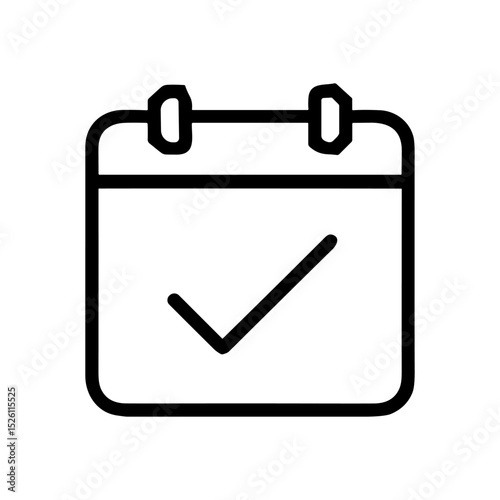 Calendar icon with tick indicating completion. Icon symbol illustration