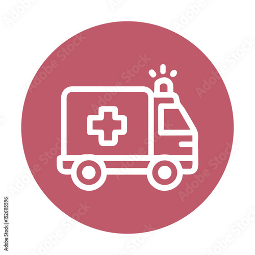 Cartoon ambulance symbol in maroon circle. Icon symbol illustration