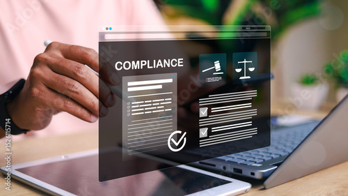 Fotografie Digital compliance interface showing checklist, legal icons, and document validation on tablet screen