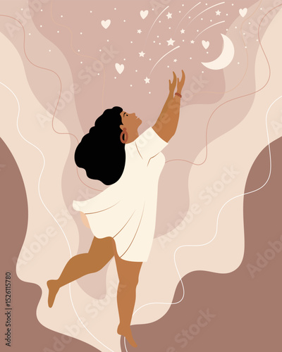 Woman stretching her hands to the stars. Body positive girl, motivator to strive for her dream, success. Catch your star. Vector illustration in boho style