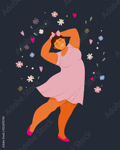 Beautiful fat woman dancing in flowers on dark background. Self-love and body positivity. Modern flat illustration of woman for postcards, profile, banners.