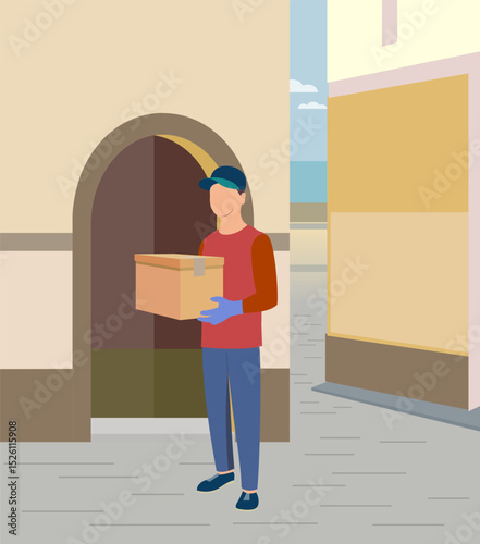 Delivery concept, courier delivery service stands near the door of the house, delivers the order, online ordering of goods, order tracking, home and office delivery, male courier. Vector illustration