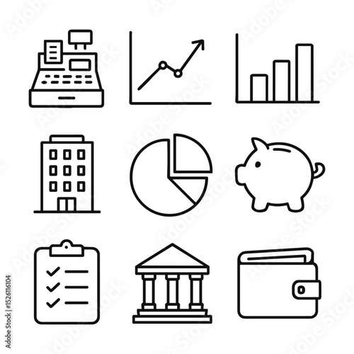 Financial icons Cash register graphs and savings. Icon symbol illustration