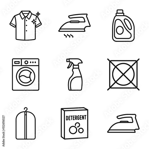 Laundromat icons depict cleanliness and care. Icon symbol illustration