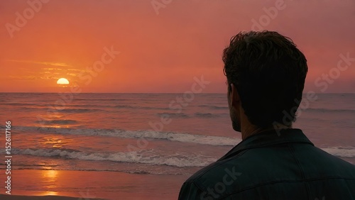 A person gazes out at a vibrant sunset over the ocean, with warm hues reflecting on the water. A moment of contemplation or peace.