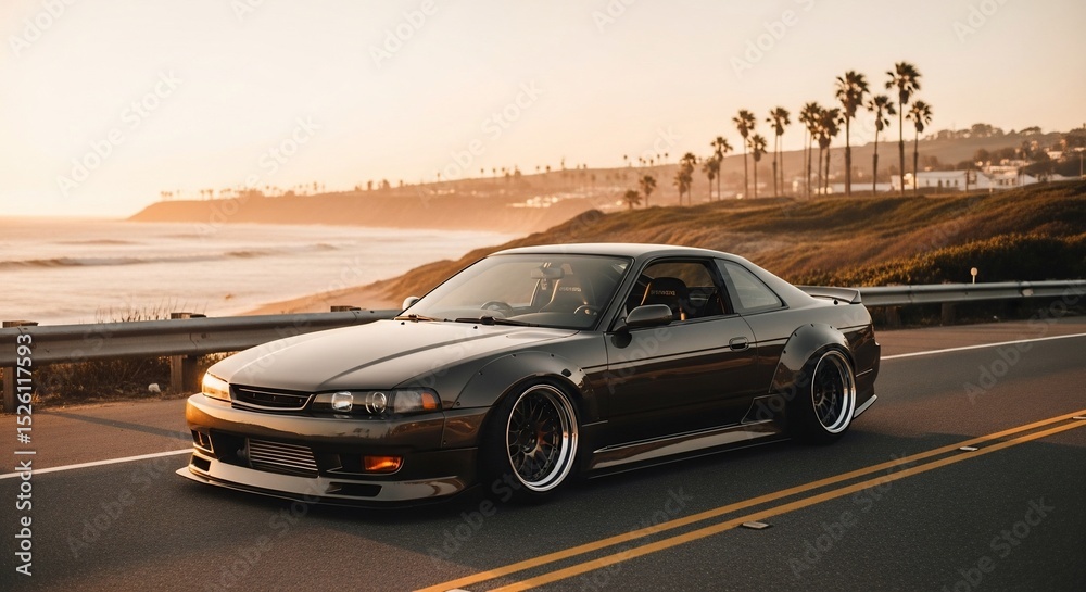 Fototapeta premium Modified dark gray coupe parked on coastal road at sunset with palm trees
