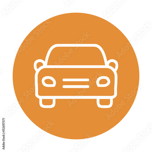 Simple white car on orange circle. Icon symbol illustration