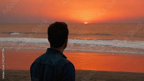 a man standing on the beach watching a vibrant orange sunset over the ocean, capturing a peaceful and reflective moment by the sea