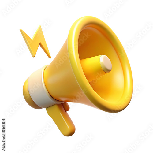 Vibrant 3d illustration of a yellow megaphone with a lightning bolt symbol for communication
